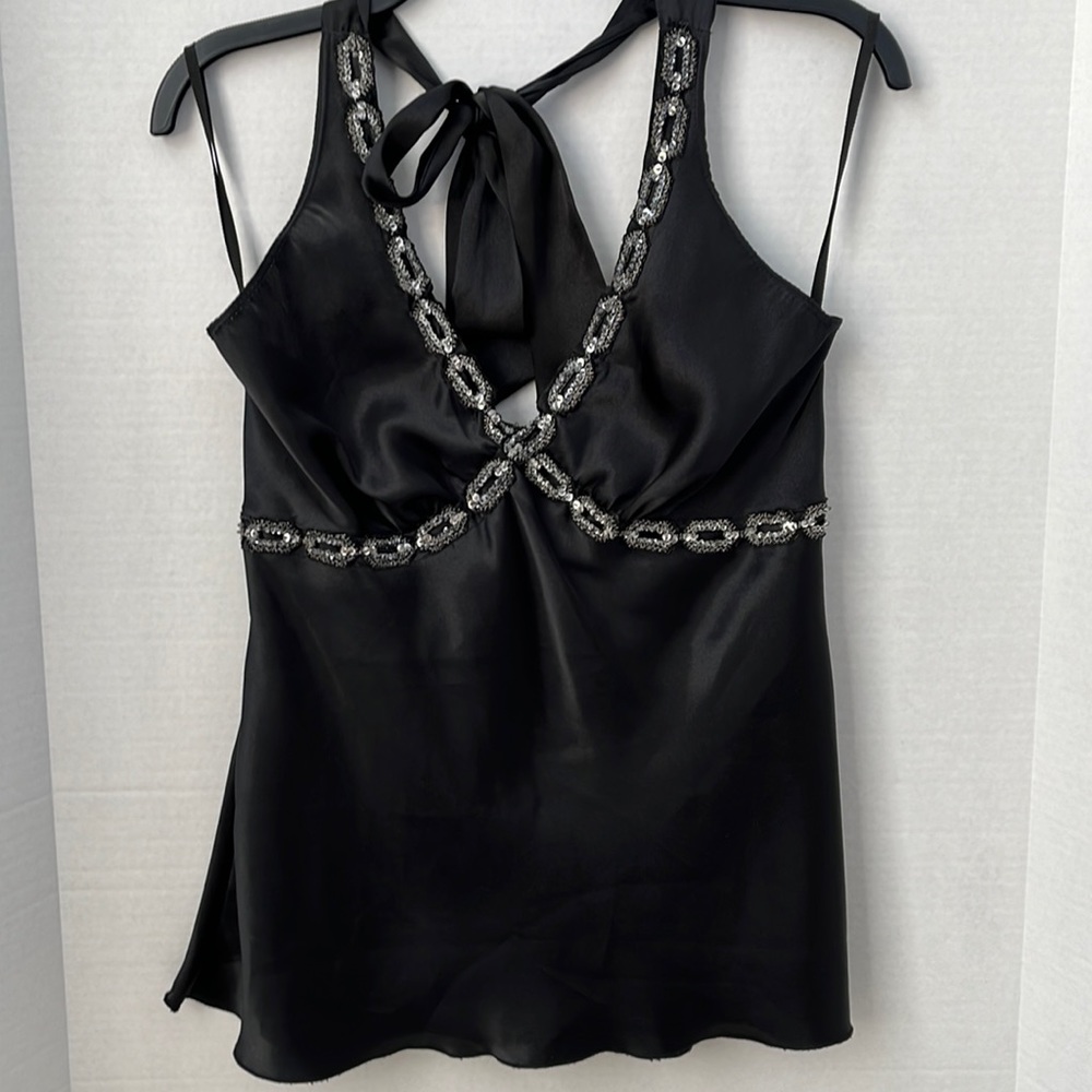 Women’s Charlotte Russe, Black Satin V-Neck Tie Halter w/Sequin Detail, Size L